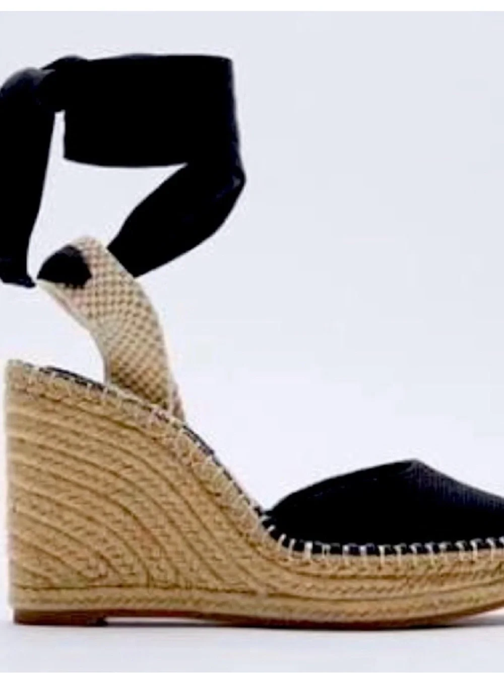 Zara Black Espadrille Wedge Sandals with Natural Trim size 7.5